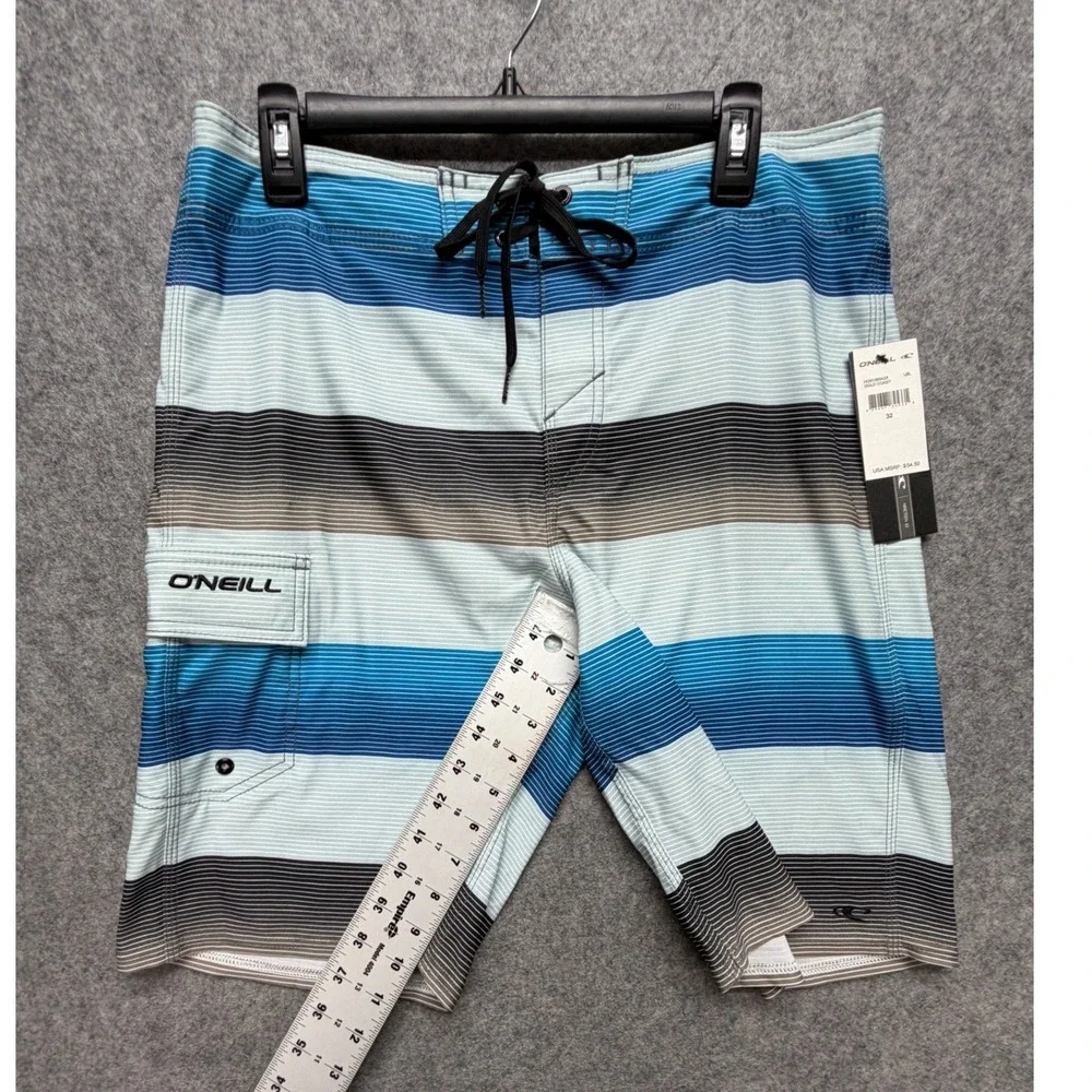 ONeill Hyperfreak Mens Board Shorts Blue Grey Striped Swim Trunks Size 32